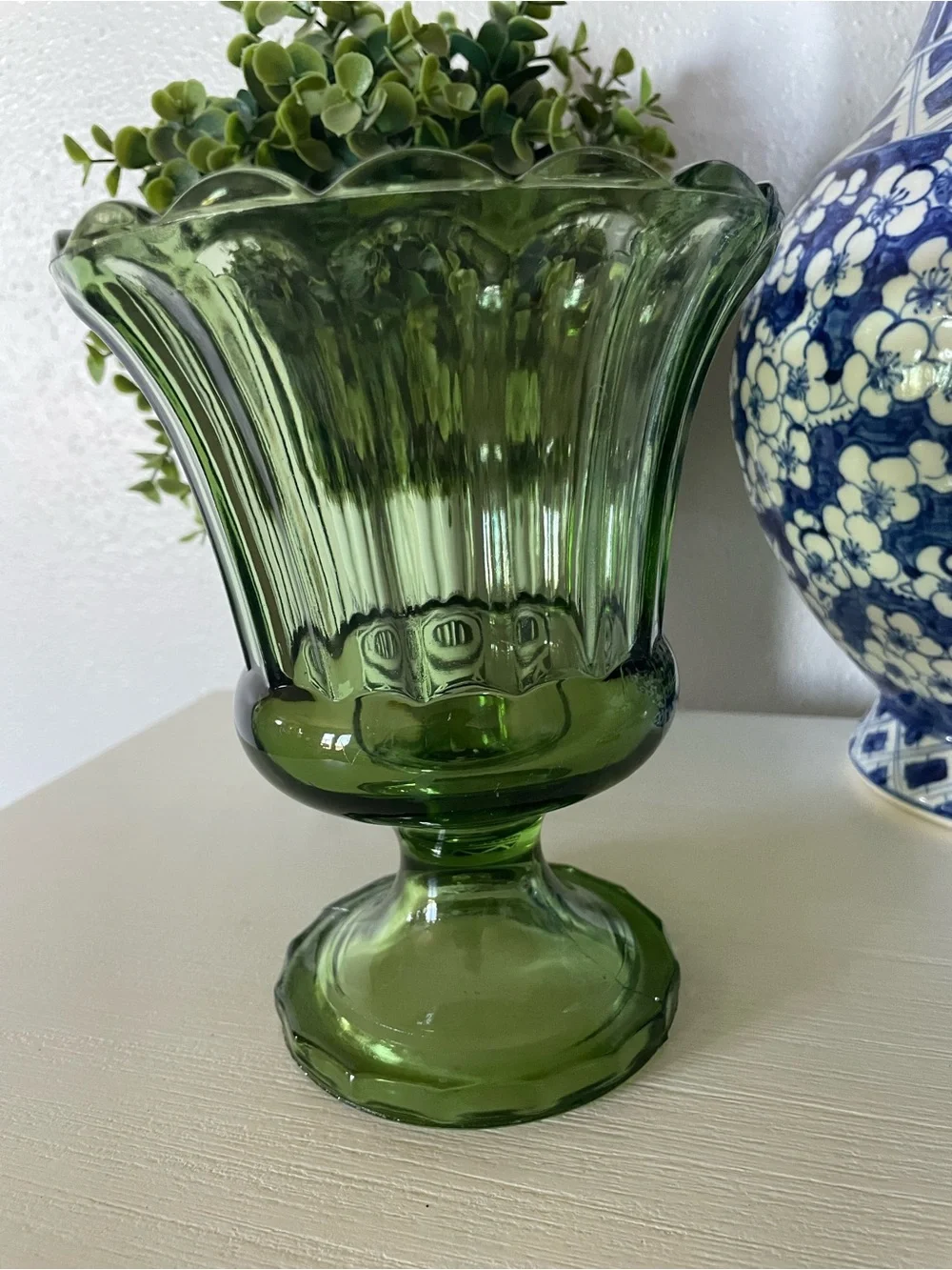 Indiana Glass Avocado Olive Green Flower Floral Bouquet bowl Round Pedestal